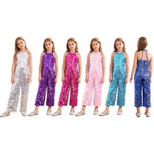UK Kids Girls Sparkly Sequins Rompers Sleeveless Jumpsuit Jazz Party Dancewear