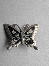 Vintage Silver Tone Butterfly Brooch Pin Black White Enamel Swirl Insect