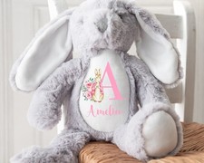 Personalised Bunny Rabbit Grey Baby Pink Gift For Newborn Girl Teddy Bear 23cm 