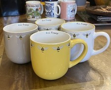 Set of 4 Bee Happy Printed Mugs Tea Coffee yellow, grey, white 
