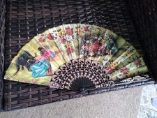Vintage Fabric Hand Fan Spanish Scenes with Black and Gold Decoration