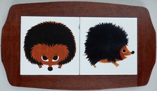 Vintage Tiles Wood Tray KENNETH TOWNSEND Hedgehogs 1970s Board Kitchenalia Retro
