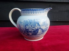 Antique Blue & White pearlware jug, children/dog/animal/folk, 19C, Welsh/Wales?