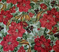  Holiday Magic BTY Studio 8 VIP Red Poinsettias Ribbon Berries Ecru