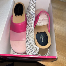 Swedish Hasbeens Size 41 Colour Combo Pink Striped Leather And Wood Clog 