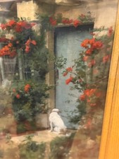 Oil painting by Alfred Hartley (1855-1933) Dog door, cottage garden gold frame