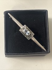 Vintage Art Deco 925 Palladium Bar Pin Brooch with Blue Stone