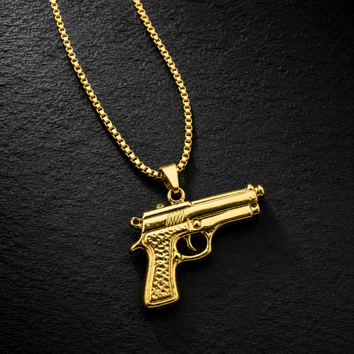 Gold pistol pendant - pistol, necklace