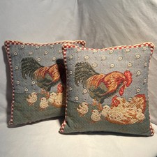 Vintage Flemish Tapestry Cushions Hen & Rooster Chicks Pair