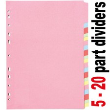 5-20 Subject File Filing Dividers Folder - Multi Colour A4 Punched Index Sheets