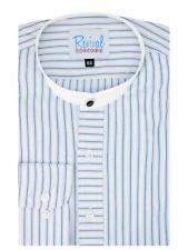 Striped Collarless Shirt - 1930s 1940s Vintage Grandad - Navy Blue Orton Stripe