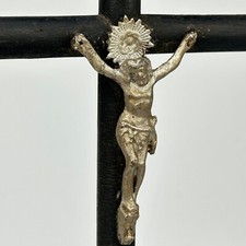 Antique French Religious Silver Colour Metal Jesus On Ebonised Turned Wood Cross