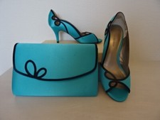 JACQUES VERT SHOES AND MATCHING BAG -TURQUOISE WITH DARK NAVY  TRIM SIZE 5 -NEW