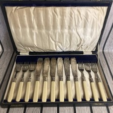 Vintage EPNS 12 Piece Faux Bone Handled Cutlery Set Boxed Retro 