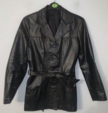 ECHTES LEDER Vintage 90s Classic Belted Black Leather Jacket - Size 10 - VGC