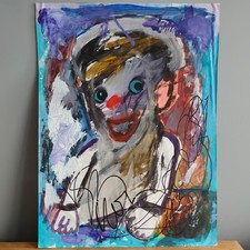 Bright Bold Abstract Painting Portrait Smiling Clown FK Owen Blue Black Red Nose