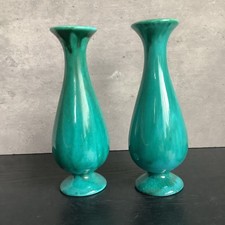 Pair Vintage Turquoise Green Ceramic Bud Vase Anglia Pottery Ap127 16cm high 