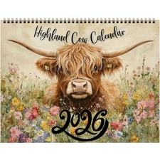 Highland Cow Calendar 2026 Monthly Planner Scottish Wall Art Decor for Farmhouse