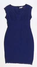 Preen Womens Blue Polyester Pencil Dress Size 14 Round Neck Zip - Lace Trim