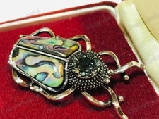 INSECT antique silver SCARAB BEETLE PIN crystal PAUA SHELL vintage style BROOCH