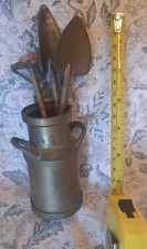Miniature vintage brass milk churn with garden implements for bonsai etc