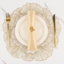 6x Placemats Set - 15 Inch Vinyl Metallic Golden Flower Table Mats For Party-NEW