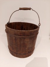 Vtg Wooden Bucket Metal Handle 23cm Tall 24cm Diameter Rustic Farmhouse Style