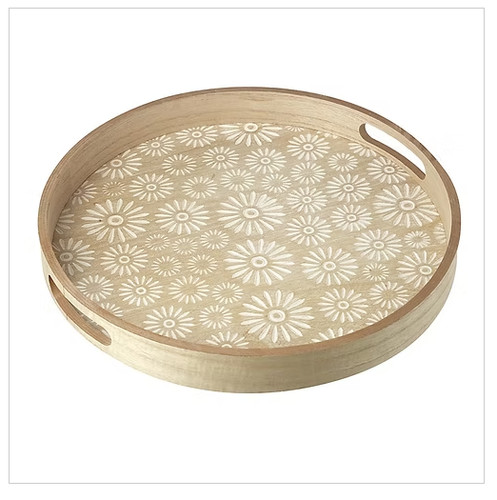 Wooden round floral tray - wooden,