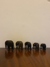 Set Of 5 Dark Wood Carved Elephants 