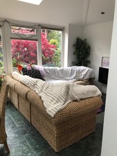 Rattan corner sofa for conservatory, natural woven base, cream cushions