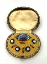 Antique Victorian set of Shirt Waistcoat Buttons & Collar Pin in Leather Case