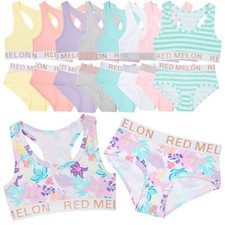 Girls Crop Top First Bra Knickers Brief Set Glitter Non-Padded Bralette Cotton