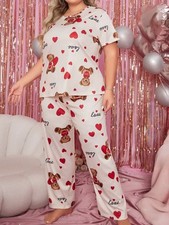 PYJAMA PLUS 22 24 26 28 IVORY CUTE TEDDY BEAR HEART STRETCH LOUNGEWEAR COMFORT