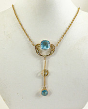 9ct Gold Pearl Negligee Necklace Lavalier Pendant Blue  Edwardian Antique 19''