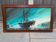 J Passeur Mid Century Modern Oil On Board Fishing Boat Palette Knife Painting