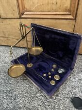 Old Jewellery Balance Scales Velvet Box / Portable Brass Apothecary-  Complete