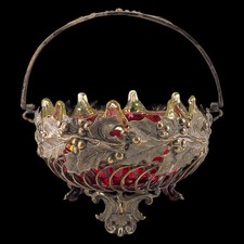 Victorian Silver-Plated Brass Sugar Basket, Trailing Christmas Holly, Art Glass