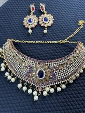 Blue And Red Stone Indian Asian Pakistani Jewellery Set With Necklace Earrings