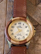 Rusudan Wooden & Gold Metal Watch With Brown Leather Strap  Wood Bezel - Working