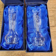 Vintage Boxed Two Edinburgh Etched Crystal Scottish Flowers 16.5 cms Bud Vases