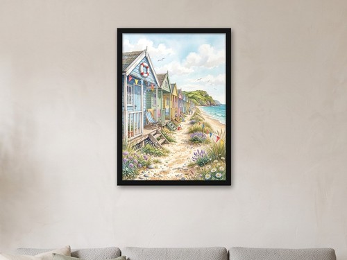 Beach hut path watercolour - beach,