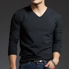 Men's Long Sleeve V-Necked T-Shirt - Casual Plain Cotton Tee