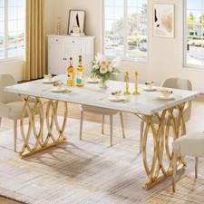 63" White Marble Dining Table with Gold Legs – 6 Seater Modern Table
