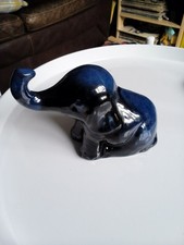 Vintage Blue glazed Pottery Elephant figurine, bluey black Colour VGC