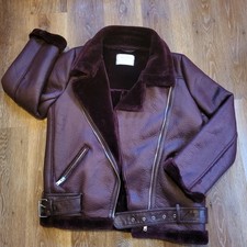 Zara Womens Faux Leather Jacket Fur Burgundy Size Medium UK 10 Full Zip