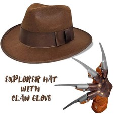 Freddy Krueger Costume Fedora Hat Claw Glove Halloween Nightmare Fancy Dress Set