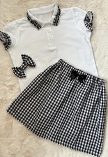 Handmade Black School Gingham Outfit Set Skirt Polo Shirt Hair Clip Age 10-11