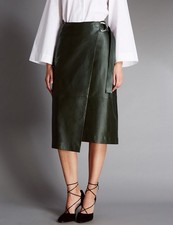 M&S Women's Autograph Leather Skirt Wrap Midi, Olive Green, Size 14