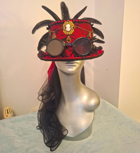Red steampunk top hat with - red,