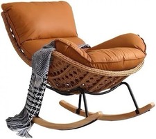 Oversized Brown Rattan Rocking Chair with Plush Leather Upholstery & Sturdy Fram